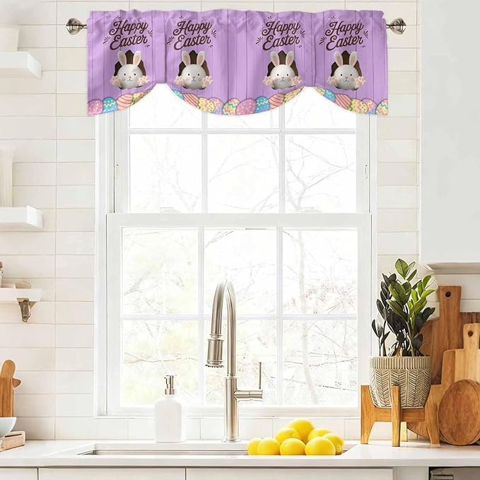 Purple Easter Tie Up Valance Curtains for Windows, Kitchen Curtains Window Shades, Spring Cartoon Bunny Colorful Eggs Wood Grain Light Filtering Curtain Valances for Bedroom/Bathroom/Cafe 54"x18"