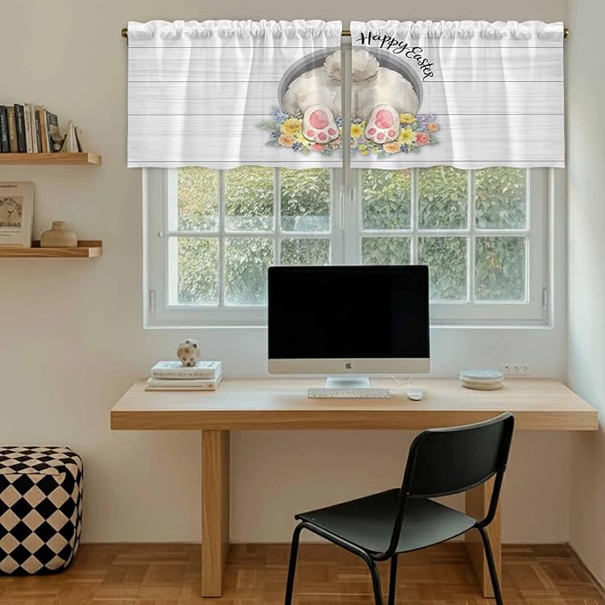 Easter Bunny Kitchen Tier Curtains 24 Inch Long 2 Panel Set,Rod Pocket Cafe Small Window Curtains Over Sink,3D Optical Illusion Farmhouse Flower Wood Grain Light Filtering Short Drapes 27.5"W x 24"L