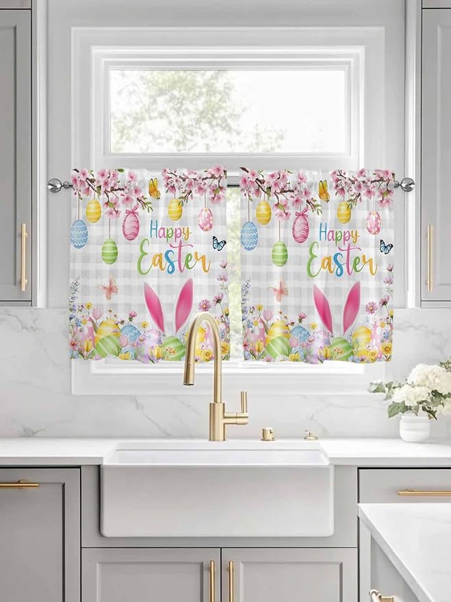 Happy Easter Half Window Curtain 36 Inches Long, Spring Watercolor Bunny Eggs Flower Grey Plaid Window Treatment Curtain Drapes, Small Tier Curtains for Bathroom Over Sink, 27.5"x36", 2 Panels