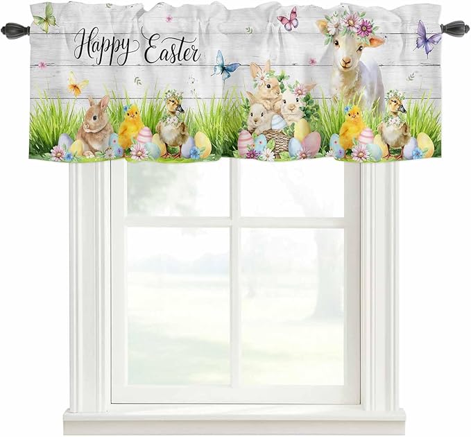 Easter Curtain Valances for Windows, Kitchen Valance Window Treatment, Spring Sheep Bunny Duck Plants Wooden Grain Light Filtering Block Curtains for Bathroom/Bedroom/Living Room 42'' x 18''