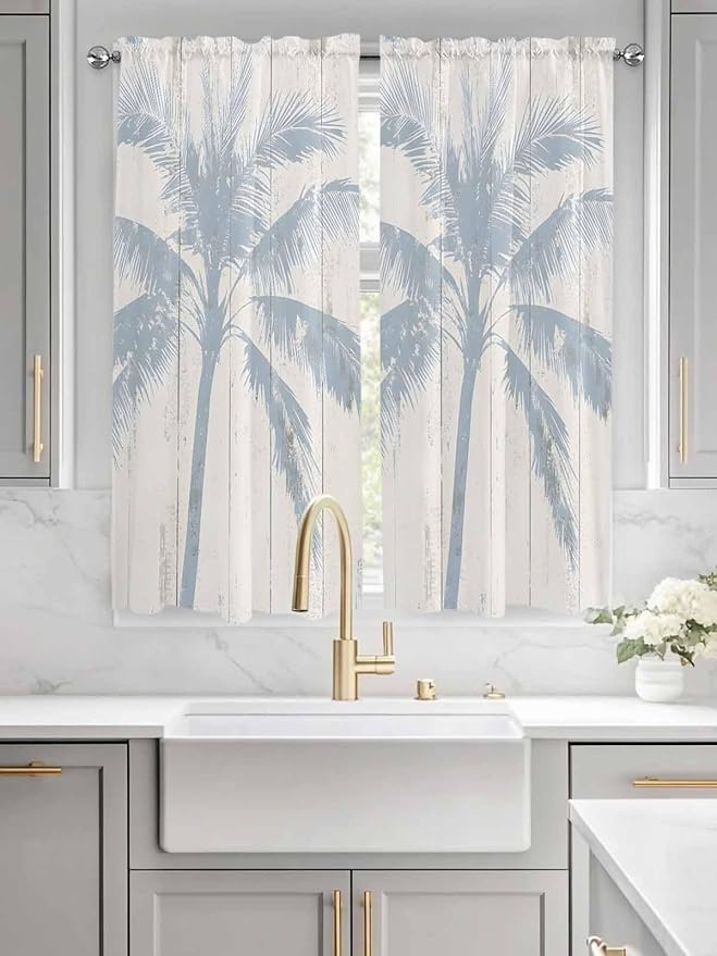 Summer Coconut Tree on Vintage Wood Grain Window Valance Curtains, Seaside Plants Light Filtering Kitchen Valance with 3-inch Rod Pocket for Living Room Bathroom Bedroom,2 Panel,52x72In