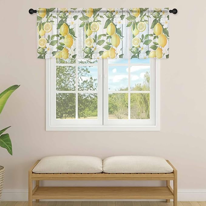 Spring Summer Lemon Sheer Valance Curtains, Leaf Flower White Wood Grain Light Filtering Kitchen Valances Rod Pocket Voile Curtain Window Treatment for Bedroom/Living Room/Basement 54Wx18L
