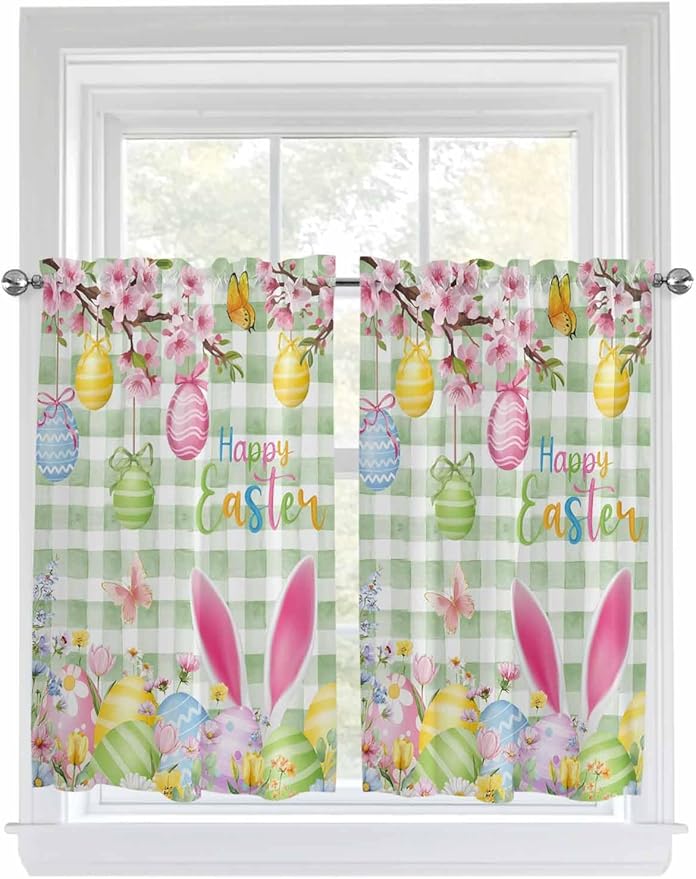 Happy Easter Kitchen Curtains 54 Inches Length, Spring Bunny Eggs Flower Sage Green Plaid Window Treatment Curtain Drapes, Thermal Insulated Drapes for Basement Hotel RV, 42"x54", 2 Panels