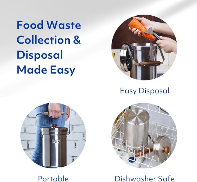 Vatya Stainless Steel Kitchen Compost Bin - NO Filter Countertop Composter, Composting Bucket, Counter Top Small Indoor Food Waste Container with Lid, Odorless Food Scrap Pail, Large 0.8 Gallon