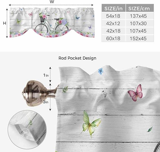 Spring Tie Up Valance Curtains for Windows, Kitchen Curtains Window Shades, Bicycles Botanical Rose Leaves Butterfly Wood Grain Light Filtering Roman Curtain Valances for Bedroom/Bathroom/Cafe 60"x18"