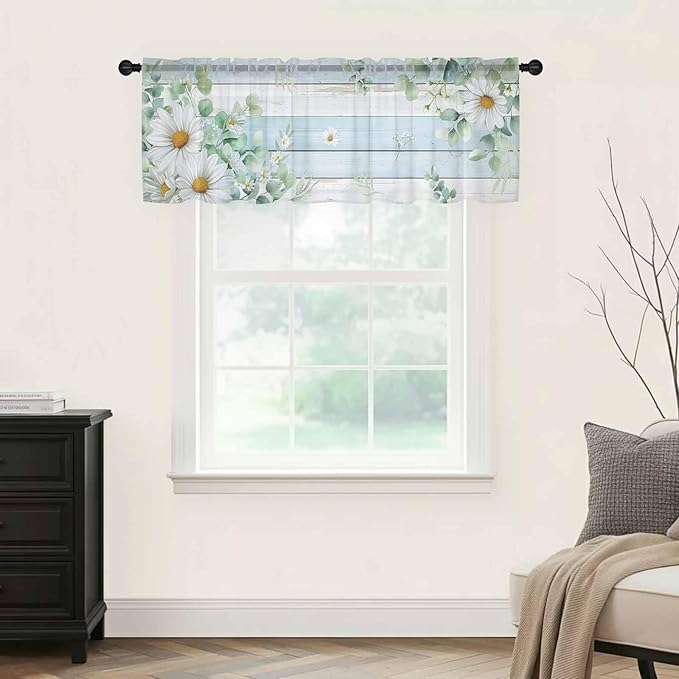 Daisy Eucalyptus Leaves Sheer Valance Curtains, Blue Wood Grain Spring Countryside Light Filtering Kitchen Valances Rod Pocket Voile Curtain Window Treatment for Bedroom/Living Room/Basement 42Wx12L