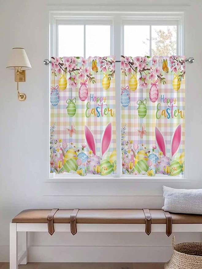 Happy Easter Kitchen Curtains 54 Inches Length, Spring Bunny Colorful Eggs Flower Plaid Window Treatment Curtain Drapes, Thermal Insulated Drapes for Basement Hotel RV, 42"x54", 2 Panels