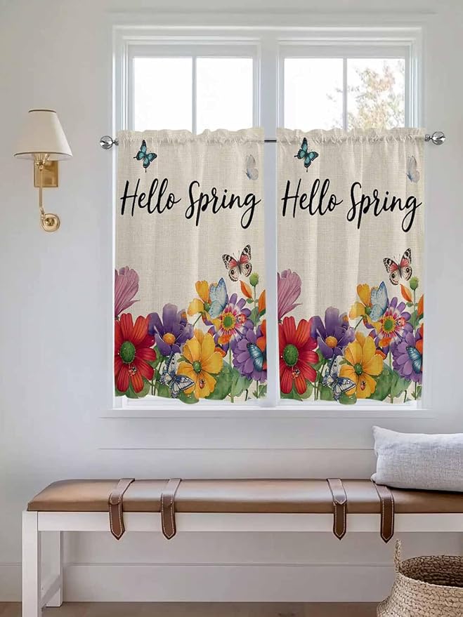 Spring Flowers Tier Curtains 45 Inches Long, Farmhouse Vintage Country Colorful Floral Window Treatment Curtain Drapes, Small Curtain Drapes for Bathroom Laundry Room, 27.5"x45", 2 Panels