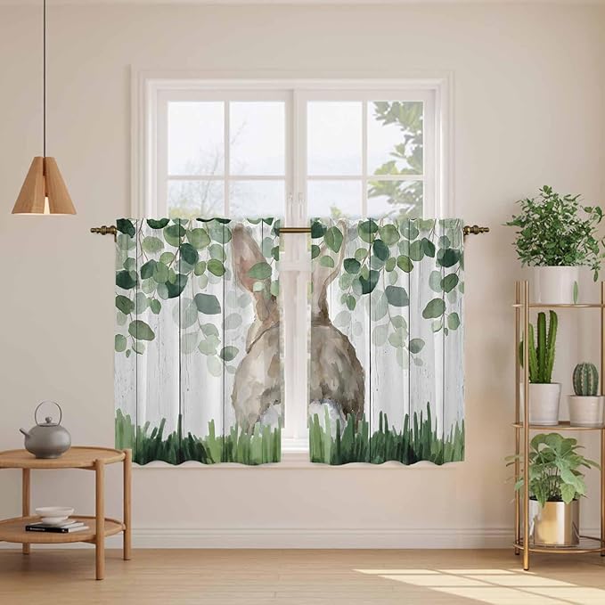 Easter Kitchen Curtains, Country Rabbit Botanical Leaves Wooden Grain Light Filtering Window Curtain Panels, 2Pcs Rod Pocket Window Treatments Set for Cabin Bathroom Bedroom 52x45 Inches
