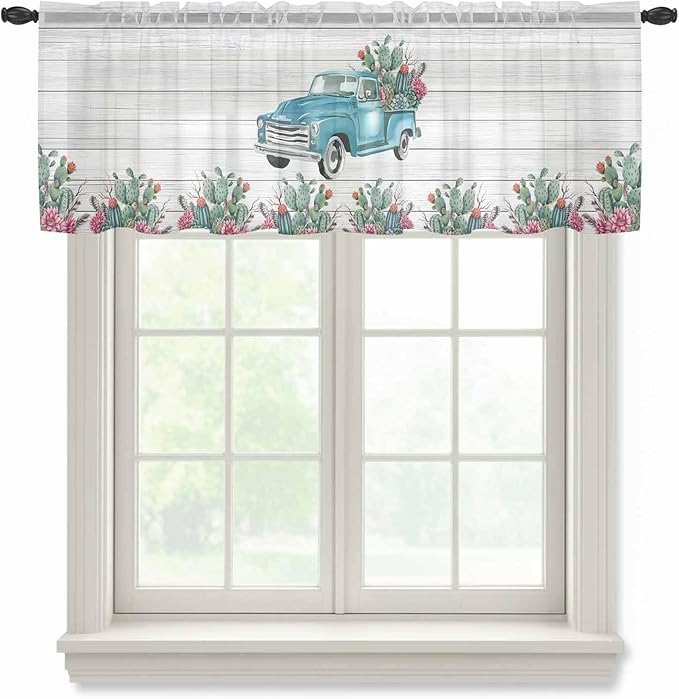 Farmhouse Sheer Valance Curtains, Summer Blue Car with Cactus Succulents Wood Grain Light Filtering Kitchen Valances Rod Pocket Voile Curtain Window Treatment for Bedroom/Living Room/Basement 54Wx18L