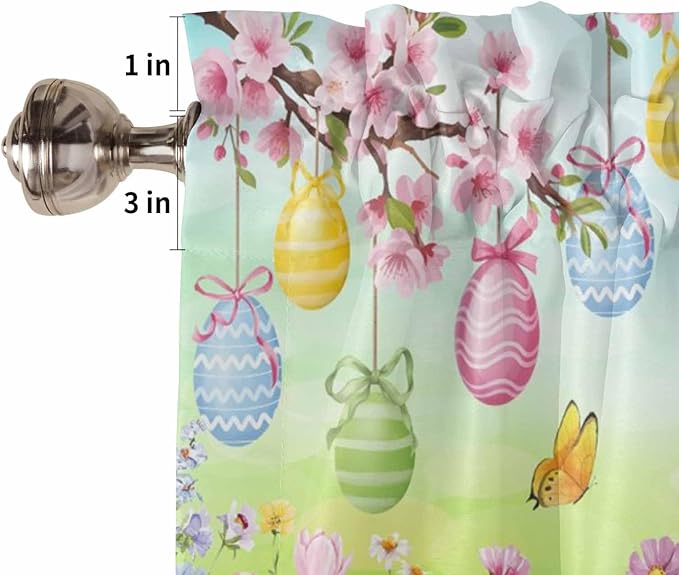 Easter Half Window Curtain 36 Inches Long, Spring Bunny Colorful Rabbit Eggs Butterfly Blue Green Window Treatment Curtain Drapes, Small Tier Curtains for Bathroom Over Sink, 27.5"x36", 2 Panels