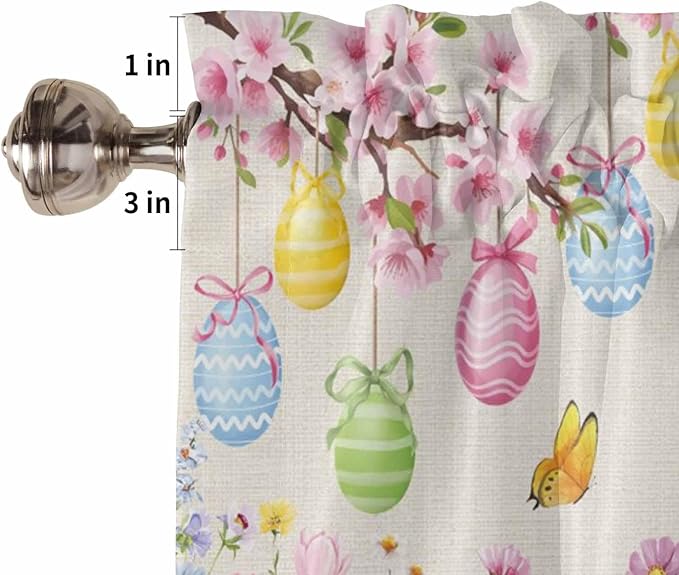 Happy Easter Half Window Curtain 36 Inches Long, Spring Farmhouse Bunny Eggs Flower Beige Window Treatment Curtain Drapes, Small Tier Curtains for Bathroom Over Sink, 27.5"x36", 2 Panels