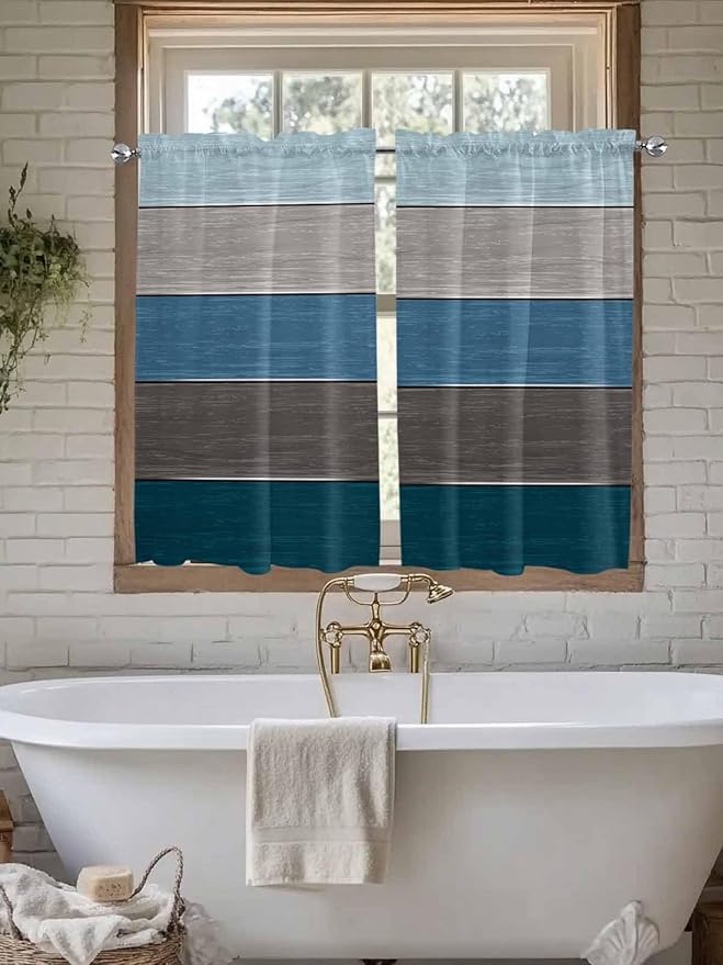Retro Farm Blue Gray Wood Grain Window Valance Curtains, Rustic Wooden Plank Light Filtering Kitchen Valance with 3-inch Rod Pocket for Living Room Bathroom Bedroom,2 Panel,52x54In