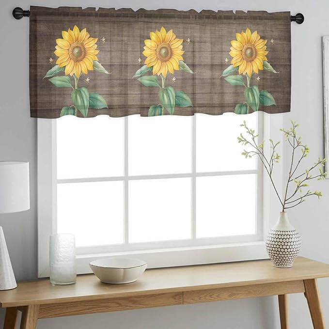 Summer Sunflower Sheer Valance Curtains, Yellow Floral Plants Bees Brown Wood Grain Light Filtering Kitchen Valances Rod Pocket Voile Curtain Window Treatment for Bedroom/Living Room/Basement 42Wx12L
