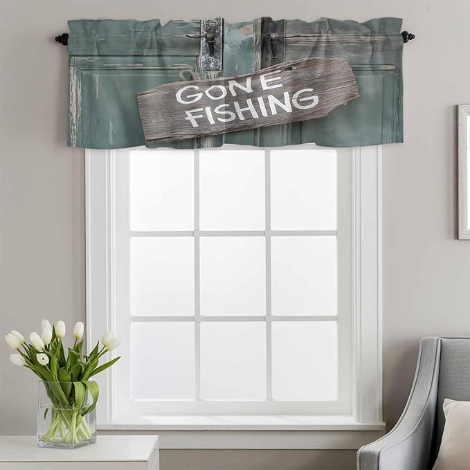 Gone Fishing Valances for Windows, Bronze Wood Grain Kitchen Valance Light Filtering Rod Pocket Short Curtains for Kitchen Bathroom, 1 Panel, 60"x14"