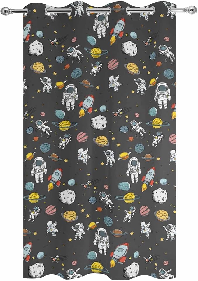 Cartoon Space Outdoor Curtains for Patio Rockets Planets Astronauts Gray Waterproof Outside Curtains with Grommet Top Weatherproof Curtain for Cabana Pergola Gazebo, 1 Panel, 54" W x 84" L