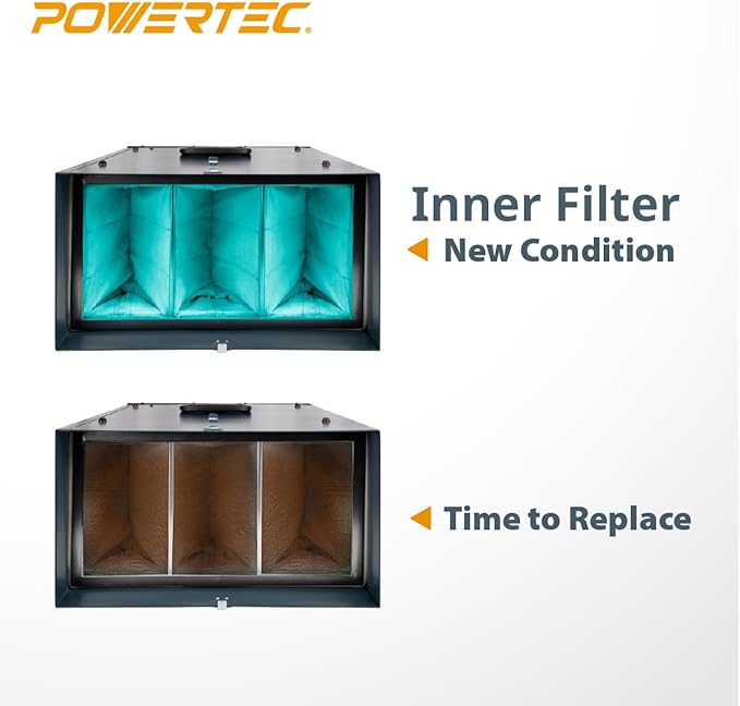POWERTEC AF1045 3-Speed Remote Controlled Air Filtration System (655/875/1060 CFM) w/Extra Inner & Outer Filter (2 of Each, Color May Vary), Hanging Air Filter for Woodworking & Garage (AF1045C)