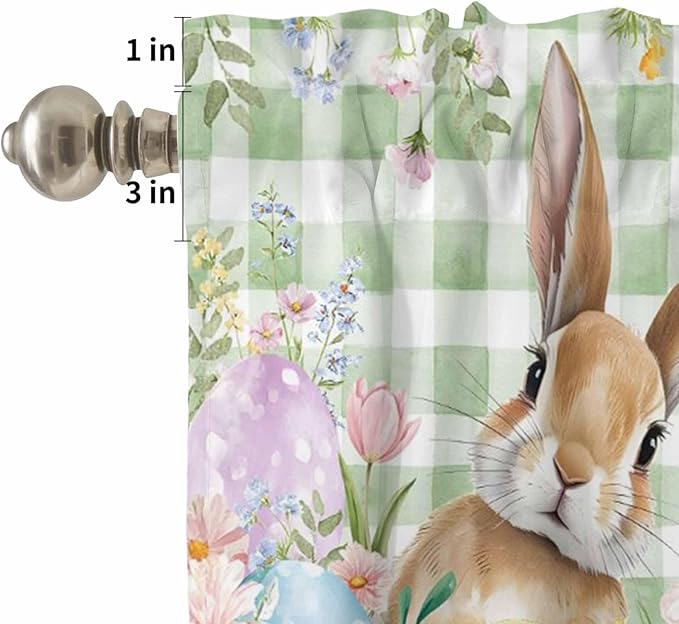 Kitchen Curtains Tiers and Valance Set of 3, Easter Light Filtering Window Curtain Set, Spring Bunny Colorful Eggs Floral Leaves Grey Plaid Rod Pocket Curtain Drapes for Living Room, 36 Inches Tiers