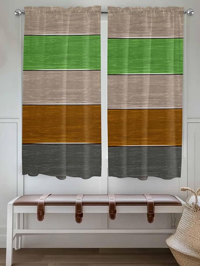 Farm Gray Green Brown Wood Grain Window Valance Curtains, Rustic Wooden Plank Light Filtering Kitchen Valance with 3-inch Rod Pocket for Living Room Bathroom Bedroom,2 Panel,42x63In