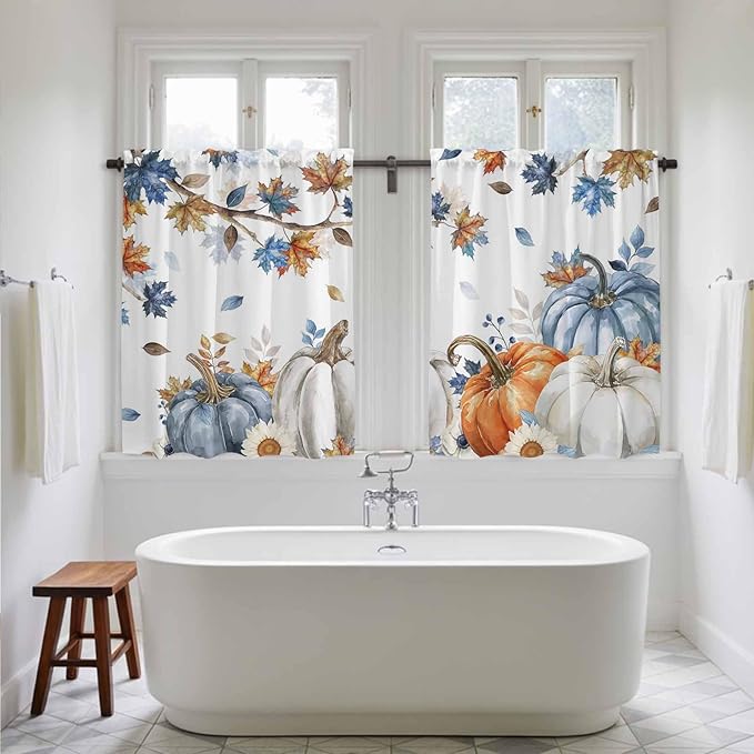 Navy Blue Pumpkin Fall Kitchen Curtains 54 Inch Long 2 Panel Set,Rod Pocket Window Curtains Panels,Thanksgiving Maple Leaves Branches Light Filtering Privacy Draperies for Bedroom Laundry 42"W x 54"L