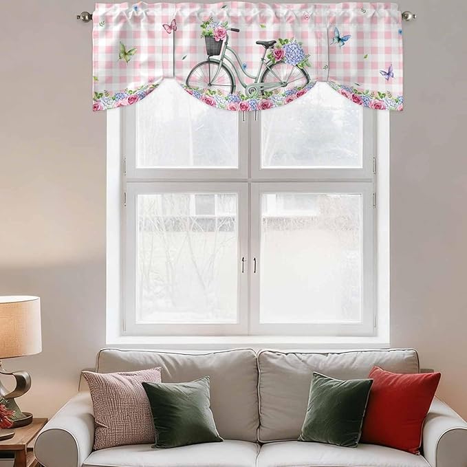 Spring Tie Up Valance Curtains for Windows, Kitchen Curtains Window Shades, Bicycles Leaves Butterfly Flowers Pink Buffalo Plaid Light Filtering Curtain Valances for Bedroom/Bathroom/Cafe 54"x18"