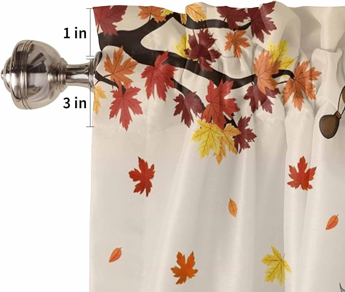 Fall Kitchen Curtain Set, Orange Pumpkins Thanksgiving Gnomes Autumn Maple Leaf Window Valance and Tiers 36" Length, Light Filtering Short Curtains Valance for Cafe Bathroom Bedroom 54"x18"