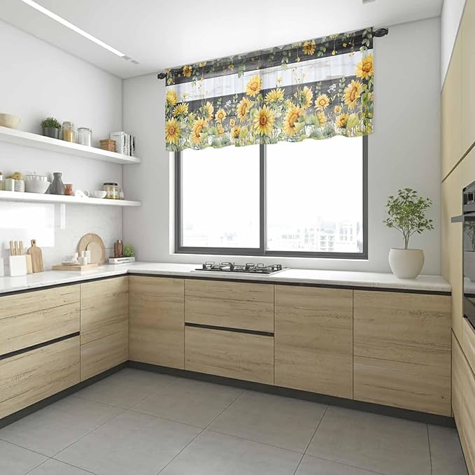 Summer Floral Sheer Valance Curtains, Watercolor Sunflower Eucalyptus Leaves Black Wood Grain Light Filtering Kitchen Valances Rod Pocket Voile Curtain for Bedroom/Living Room/Basement 42Wx18L