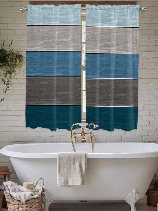 Retro Farm Blue Gray Wood Grain Window Valance Curtains, Rustic Wooden Plank Light Filtering Kitchen Valance with 3-inch Rod Pocket for Living Room Bathroom Bedroom,2 Panel,42x63In