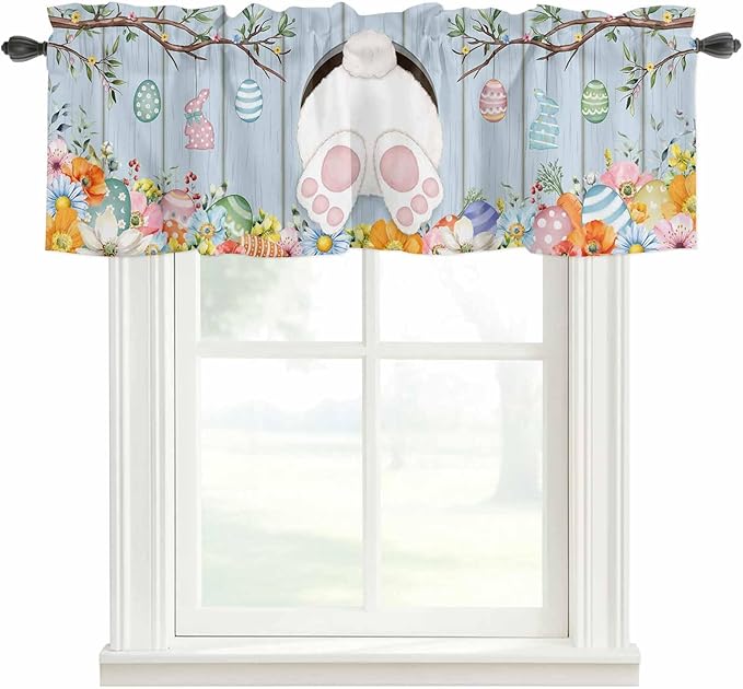 Easter Curtain Valances for Windows, Kitchen Valance Window Treatment, Spring Watercolor Bunny Eggs Flower Wood Grain Blue Light Filtering Block Curtains for Bathroom/Bedroom/Living Room 54'' x 18''
