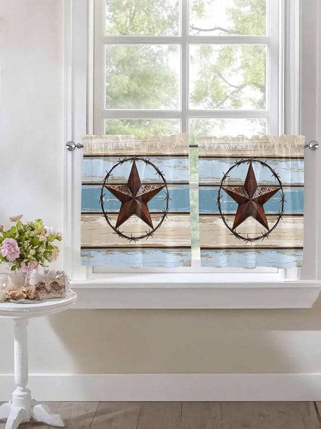 Vintage Western Star on Wood Grain Window Valance Curtains, Retro Wooden Texture Light Filtering Kitchen Valance with 3-inch Rod Pocket for Living Room Bathroom Bedroom,2 Panel,27.5x36In