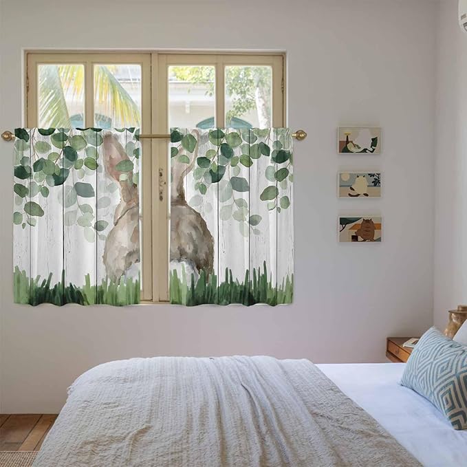 Easter Kitchen Curtains, Country Rabbit Botanical Leaves Wooden Grain Light Filtering Window Curtain Panels, 2Pcs Rod Pocket Window Treatments Set for Study Room Bathroom Bedroom 52x54 Inches