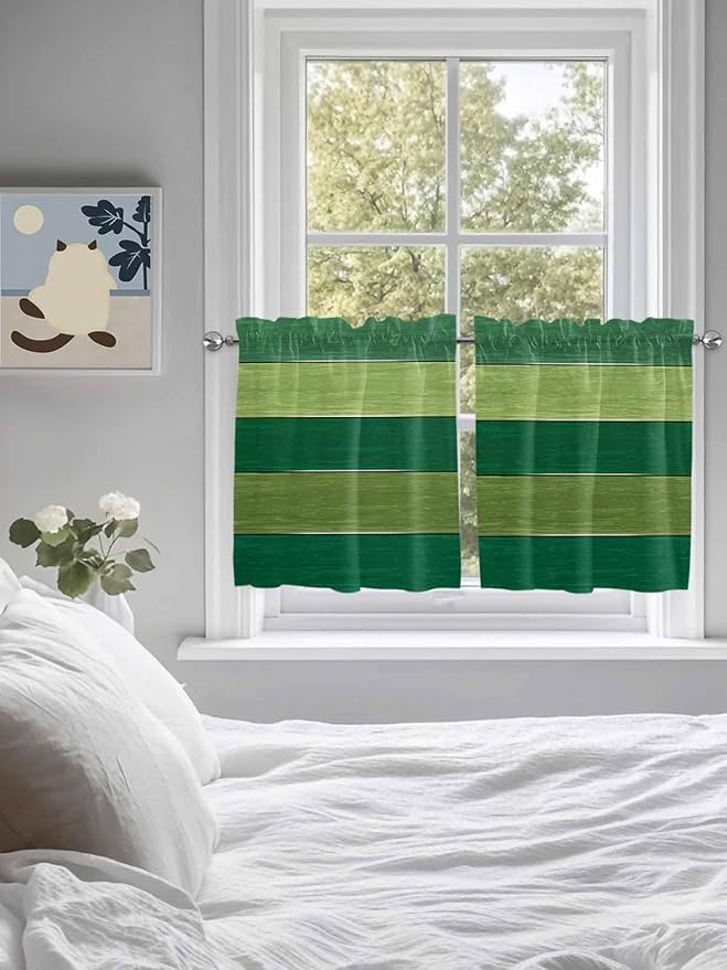 Farm Retro Green Wood Grain Window Valance Curtains, Rustic Wooden Plank Texture Light Filtering Kitchen Valance with 3-inch Rod Pocket for Living Room Bathroom Bedroom,2 Panel,27.5x24In