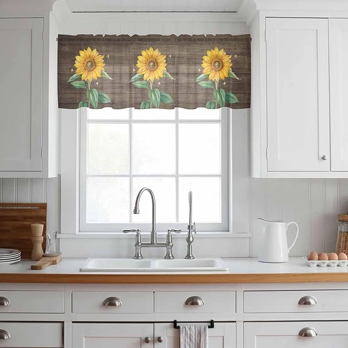 Summer Sunflower Sheer Valance Curtains, Yellow Floral Plants Bees Brown Wood Grain Light Filtering Kitchen Valances Rod Pocket Voile Curtain Window Treatment for Bedroom/Living Room/Basement 42Wx12L