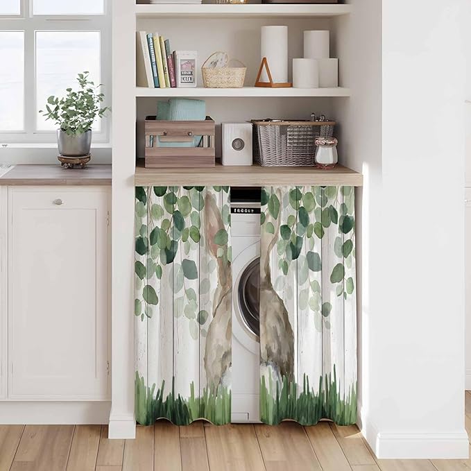 Easter Tier Curtains, Country Rabbit Botanical Leaves Wooden Grain Light Filtering Kitchen Curtains, 2Pcs Rod Pocket Half Window Treatments Panels for Sink Cafe Cabinet Basement 27.5x45 Inches