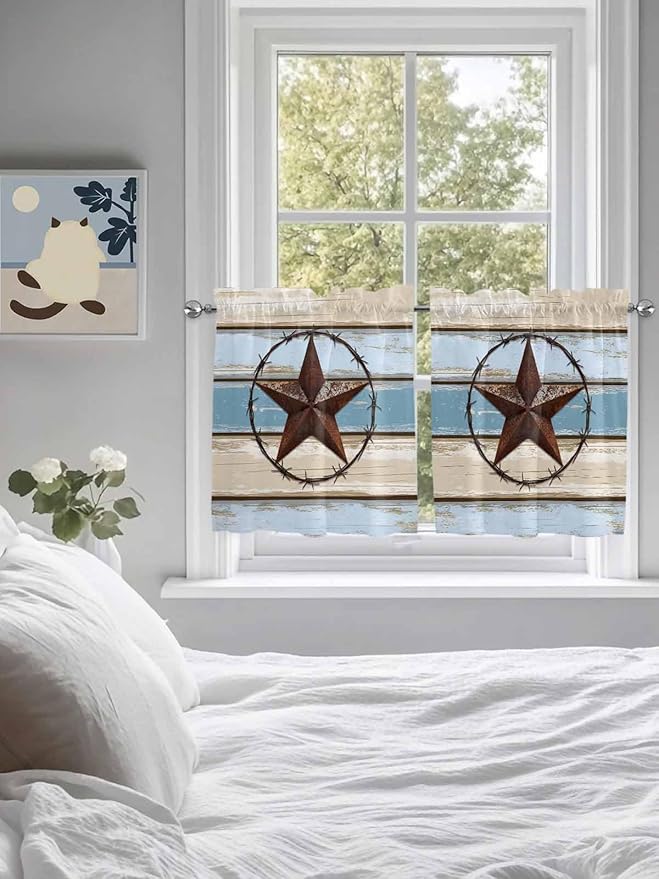 Vintage Western Star on Wood Grain Window Valance Curtains, Retro Wooden Texture Light Filtering Kitchen Valance with 3-inch Rod Pocket for Living Room Bathroom Bedroom,2 Panel,27.5x24In
