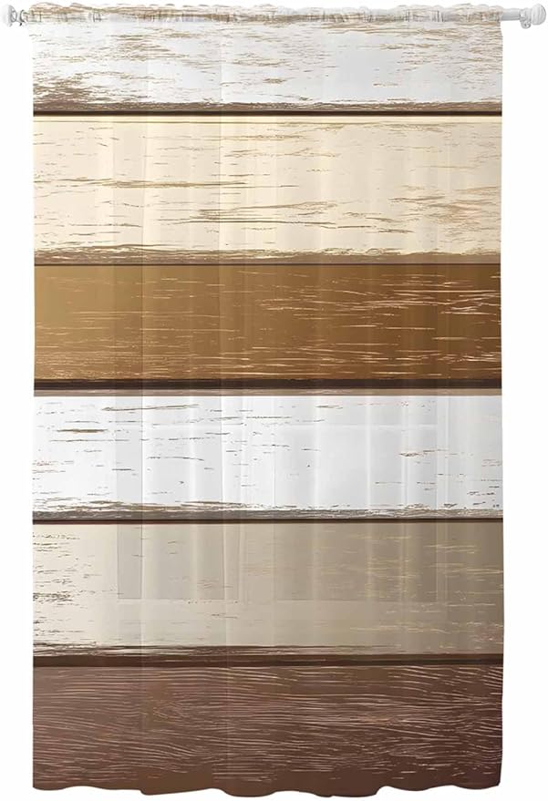 Sheer Curtains 108 Inches Long, Vintage Geometric Brown Semi Sheer Curtains Light Filtering Window Treatment, Farmhouse Country Chic Wood Grain Privacy Voile Drapes for Living Room Bedroom 52x108 Inch