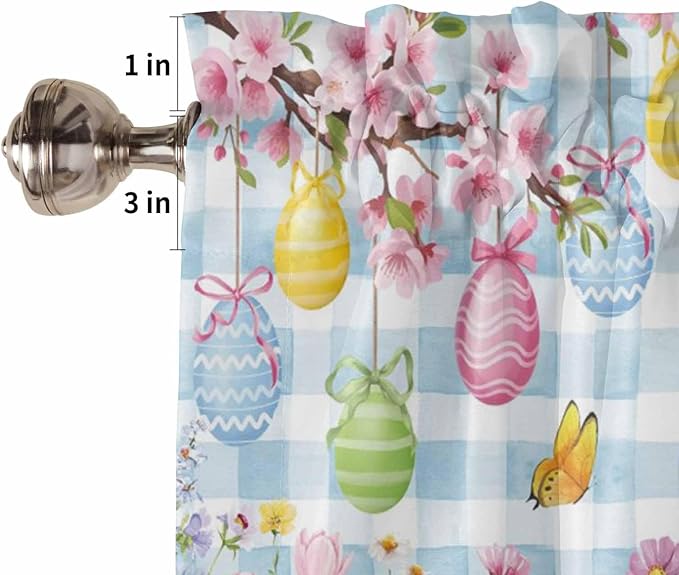 Happy Easter Kitchen Curtains 54 Inches length, Spring Watercolor Bunny Eggs Flower Blue Plaid Window Treatment Curtain Drapes, Thermal Insulated Drapes for Basement Hotel RV, 42"x54", 2 Panels