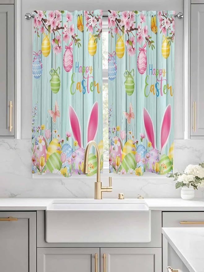 Happy Easter Living Room Curtains 72 Inches length, Spring Bunny Eggs Flower Teal Wood Grain Window Treatment Curtain Drapes, Light Filtering Drapes for Bedroom Laundry Room, 52"x72", 2 Panels
