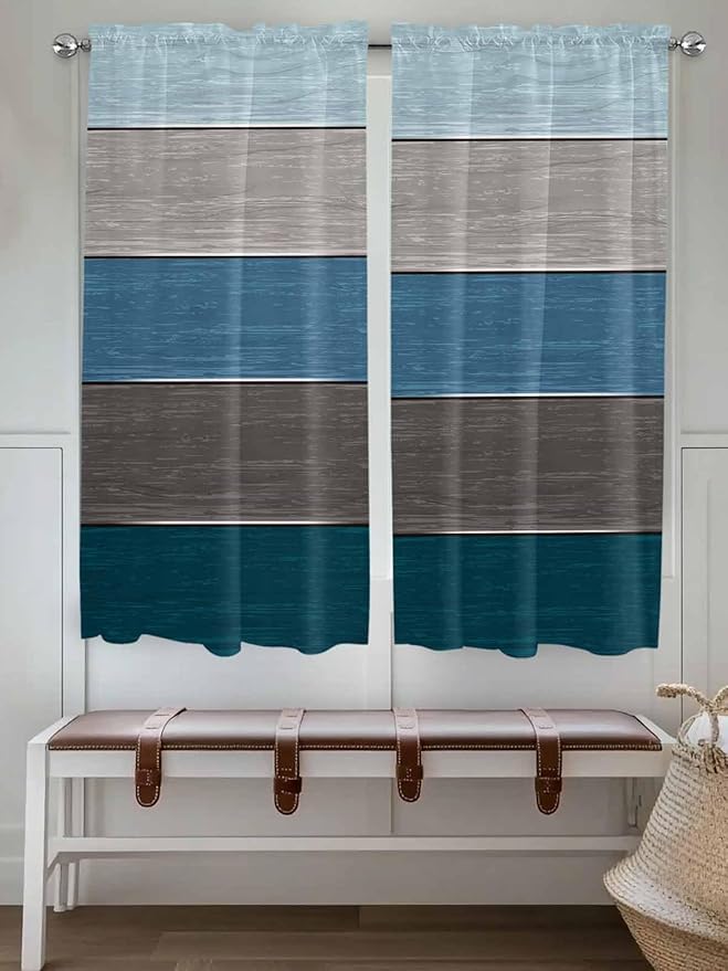 Retro Farm Blue Gray Wood Grain Window Valance Curtains, Rustic Wooden Plank Light Filtering Kitchen Valance with 3-inch Rod Pocket for Living Room Bathroom Bedroom,2 Panel,42x63In
