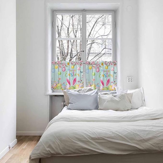 Happy Easter Half Window Curtains 24 Inches Long, Spring Bunny Eggs Flower Teal Wood Grain Window Treatment Curtain Drapes, Short Curtains Tiers for Kitchen Over Sink, 27.5"x24", 2 Panels