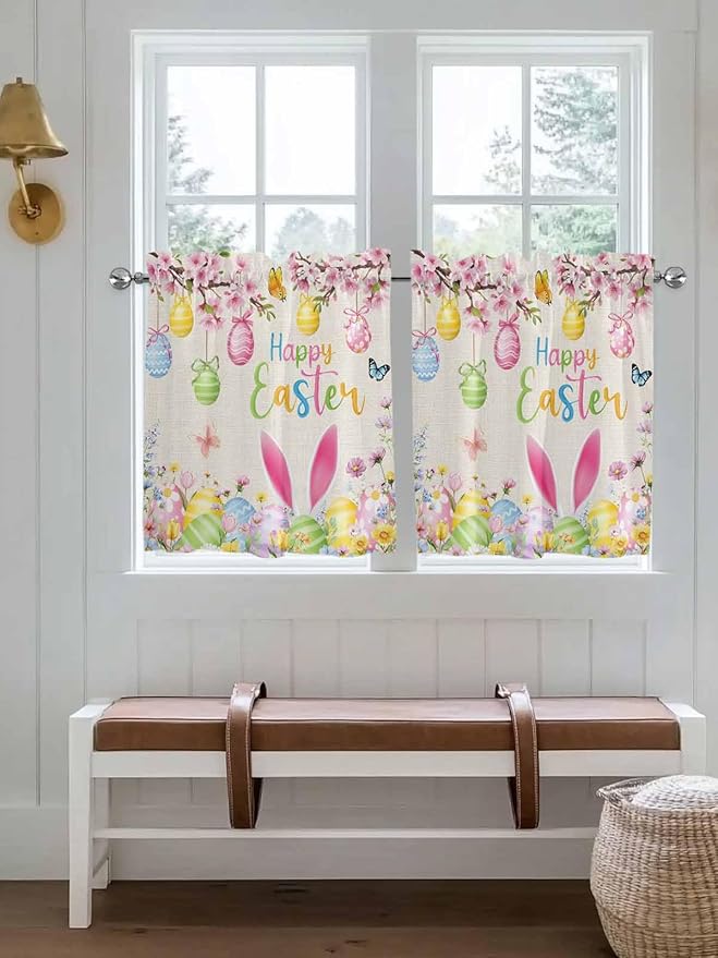Happy Easter Half Window Curtain 36 Inches Long, Spring Farmhouse Bunny Eggs Flower Beige Window Treatment Curtain Drapes, Small Tier Curtains for Bathroom Over Sink, 27.5"x36", 2 Panels