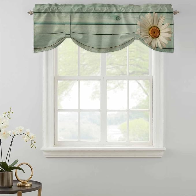 Daisy Flower Tie Up Valance Curtains for Windows, Kitchen Curtains Window Shades, Modern Art Floral Farmhouse Teal Wooden Grain Light Filtering Roman Curtain Valances for Bedroom/Bathroom/Cafe 54"x18"