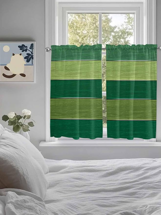 Farm Retro Green Wood Grain Window Valance Curtains, Rustic Wooden Plank Texture Light Filtering Kitchen Valance with 3-inch Rod Pocket for Living Room Bathroom Bedroom,2 Panel,52x45In