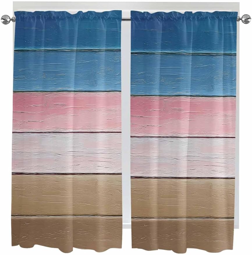 Blue Pink Brown Gradient Wood Grain Window Valance Curtains, Vintage Wood Board Light Filtering Kitchen Valance with 3-inch Rod Pocket for Living Room Bathroom Bedroom,2 Panel,42x63In
