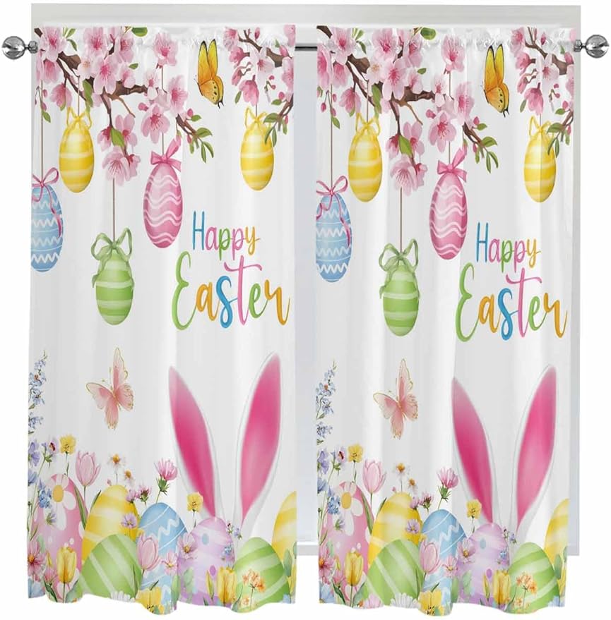 Happy Easter Living Room Curtains 72 Inches length, Spring Watercolor Bunny Eggs Flower Branch Window Treatment Curtain Drapes, Light Filtering Drapes for Bedroom Laundry Room, 52"x72", 2 Panels