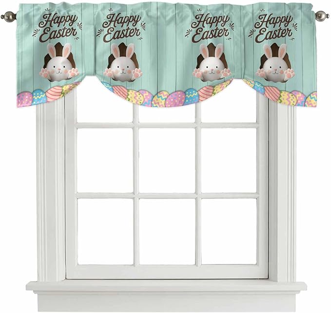 Green Easter Tie Up Valance Curtains for Windows, Kitchen Curtains Window Shades, Spring Cartoon Bunny Colorful Eggs Wood Grain Light Filtering Roman Curtain Valances for Bedroom/Bathroom/Cafe 42"x18"