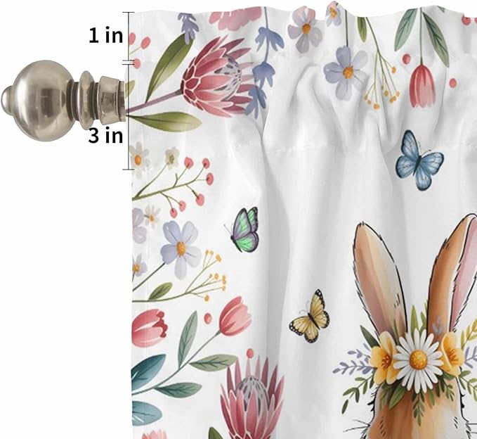 Kitchen Curtains Tiers and Valance Set of 3, Easter Light Filtering Window Curtain Set, Spring Flowers Wreath Rabbit Budding Florals Rod Pocket Curtain Drapes for Cafe, Living Room, 24 Inches Tiers