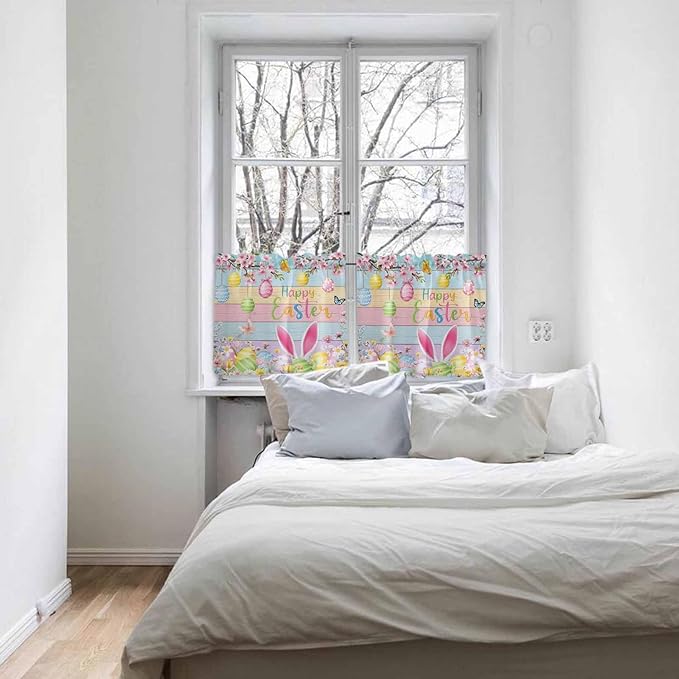 Colorful Easter Half Window Curtains 24 Inches Long, Spring Watercolor Bunny Egg Flower Wood Grain Window Treatment Curtain Drapes, Short Curtains Tiers for Kitchen Over Sink, 27.5"x24", 2 Panels