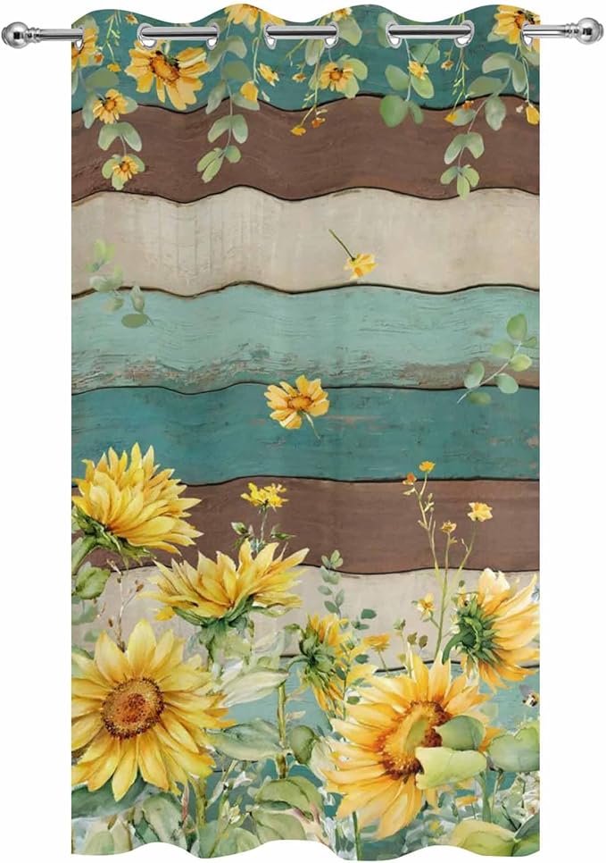 Sunflowers Outdoor Curtains for Patio Summer Floral Eucalyptus Leaves Vintage Wood Waterproof Outside Curtains with Grommet Top Weatherproof Curtain for Cabana Pergola Gazebo, 1 Panel, 54" W x 95" L