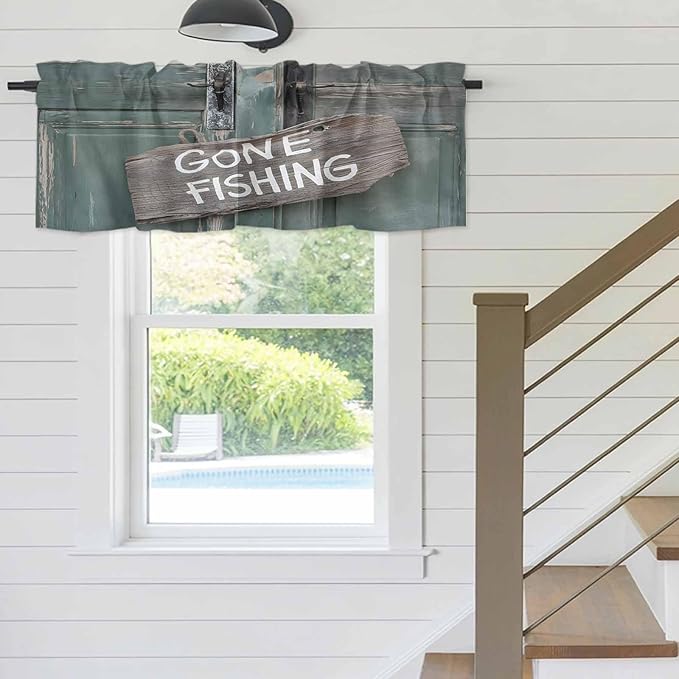 Gone Fishing Valances for Windows, Bronze Wood Grain Kitchen Valance Light Filtering Rod Pocket Short Curtains for Kitchen Bathroom, 1 Panel, 60"x14"